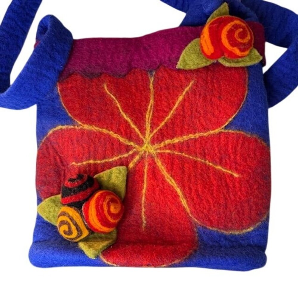 Handcrafted Wool Felt Shoulder Bag With Floral Design & Spiral Accents